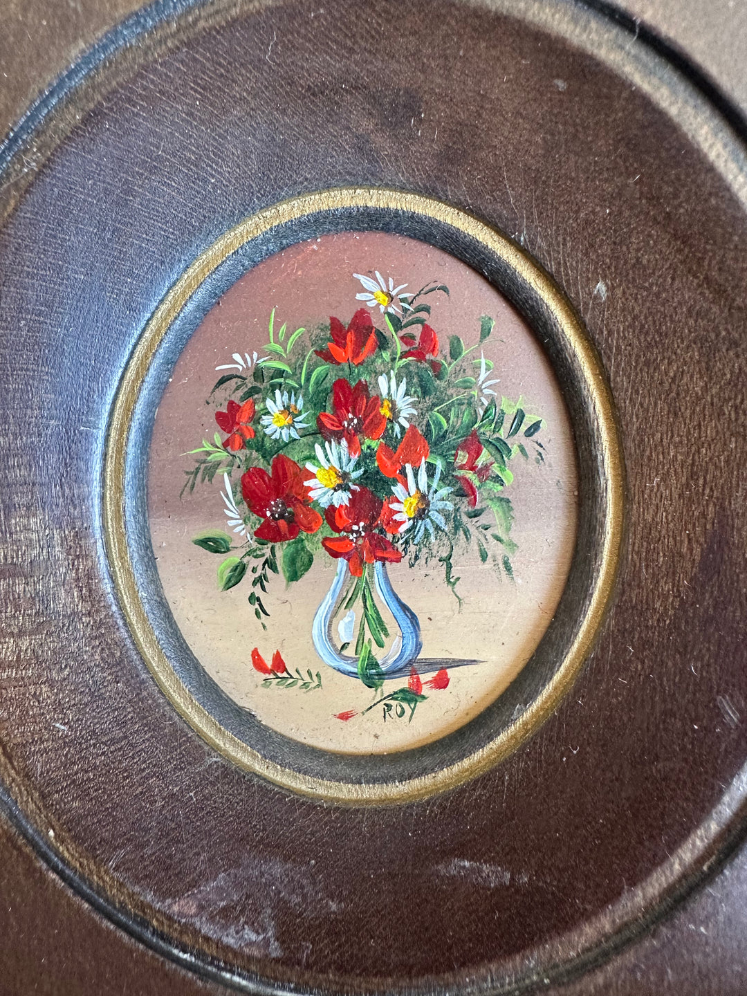 Peinture taille mini signée bouquet de fleurs dans cadre en bois années 30
