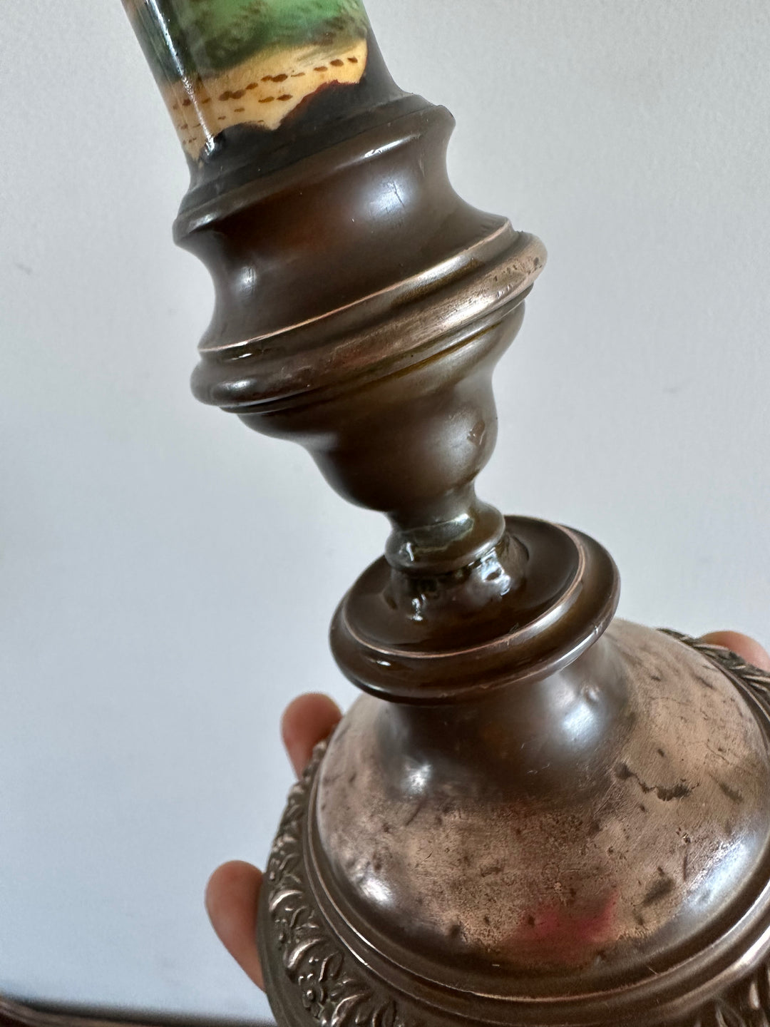 Bougeoir en cuivre et porcelaine peinte à la main 19ème