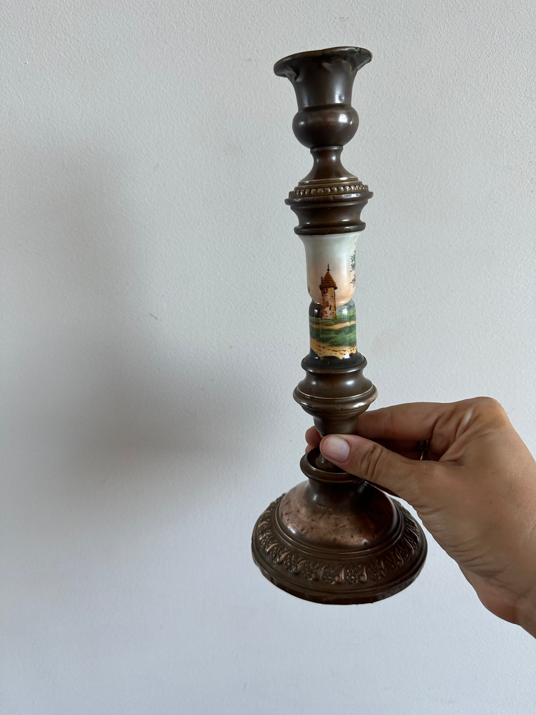 Bougeoir en cuivre et porcelaine peinte à la main 19ème