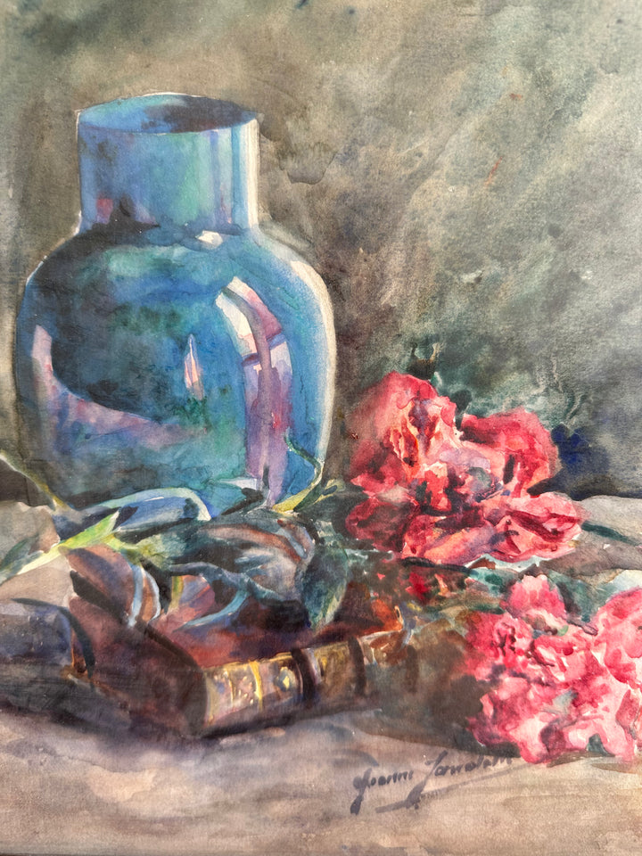 Peinture fleurs roses sur fond bleu cadre en bois bleu et or