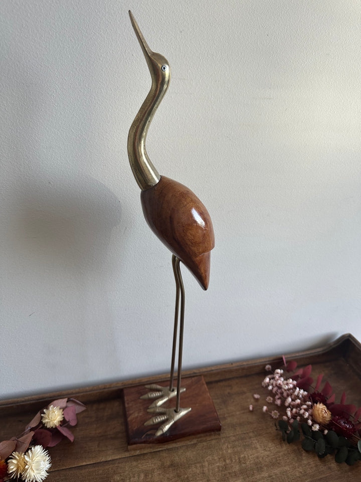 Héron en bois pied en laiton sur socle rectangulaire