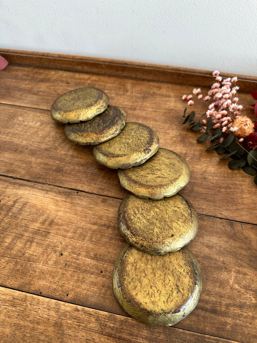 Sous verre en bois florentin or et vert x 6