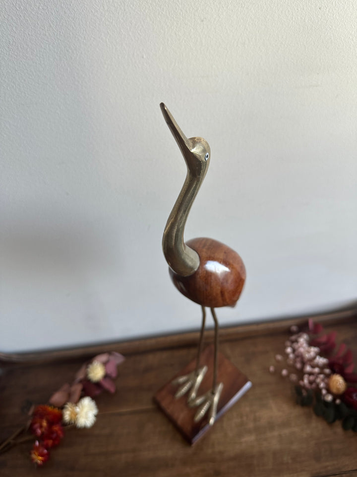 Héron en bois pied en laiton sur socle rectangulaire