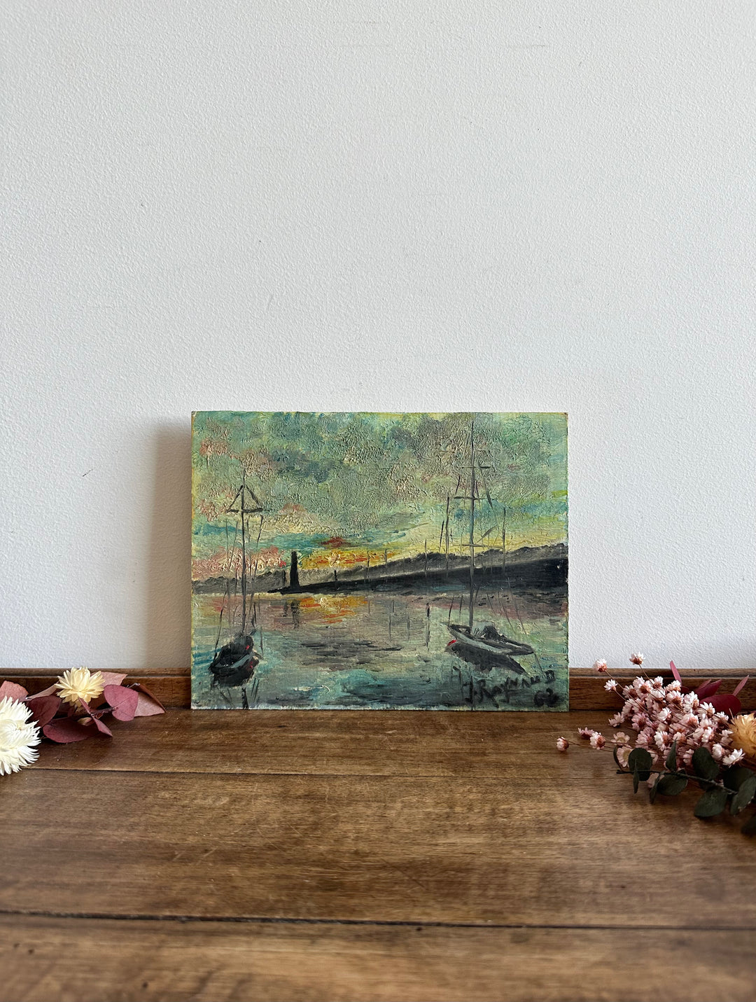 Peinture marine phare et coucher de soleil signée