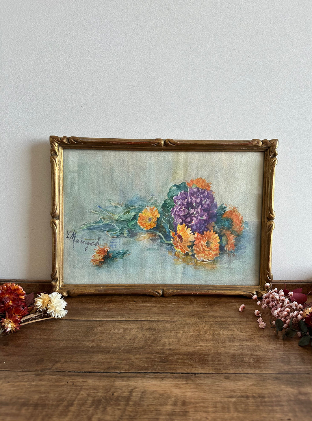 Aquarelle bouquet de fleurs sur l'eau signée cadre en bois doré