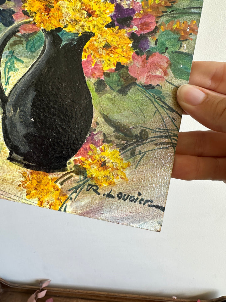 Peinture bouquet de fleurs signée sur carton années 70