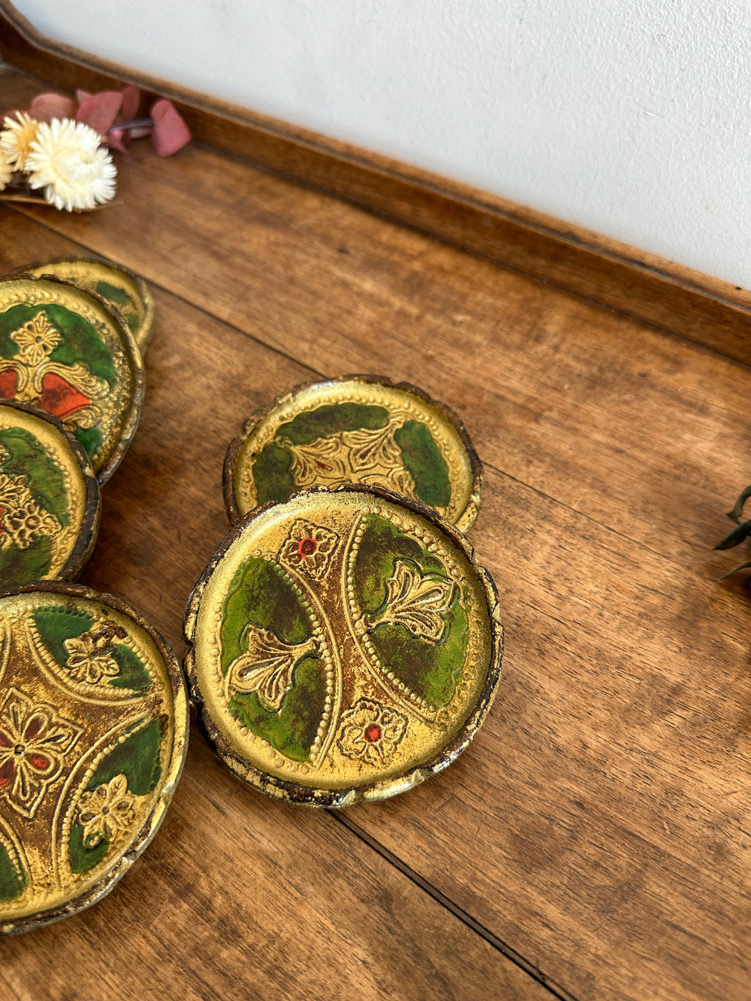 Sous verre en bois florentin or et vert x 6