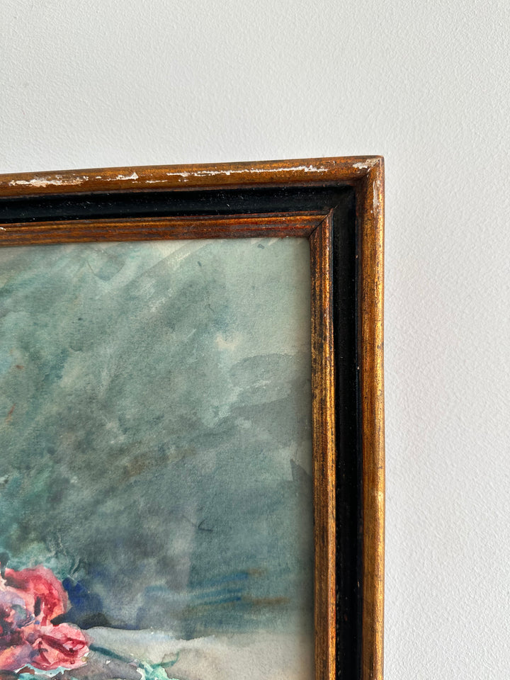 Peinture fleurs roses sur fond bleu cadre en bois bleu et or