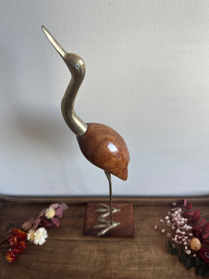 Héron en bois pied en laiton sur socle rectangulaire