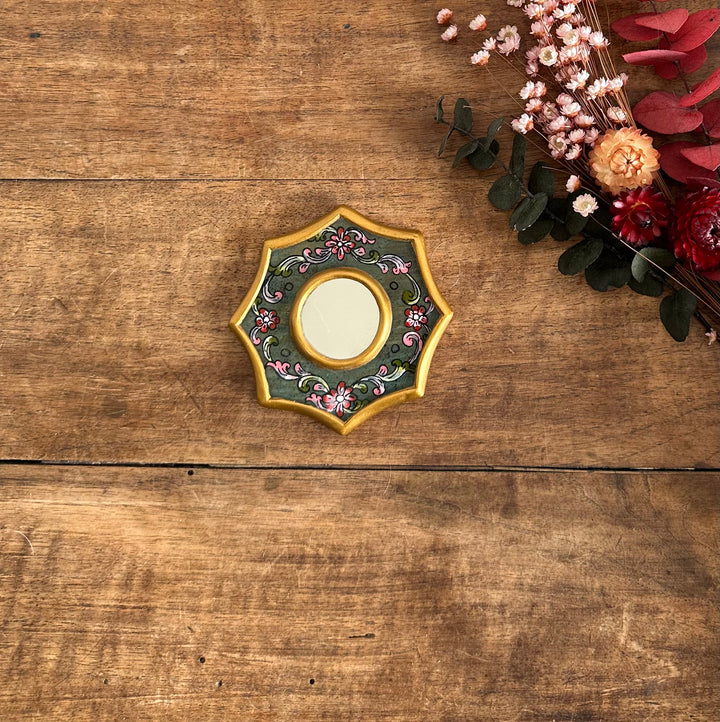 Miroir péruvien octogonal vert et doré