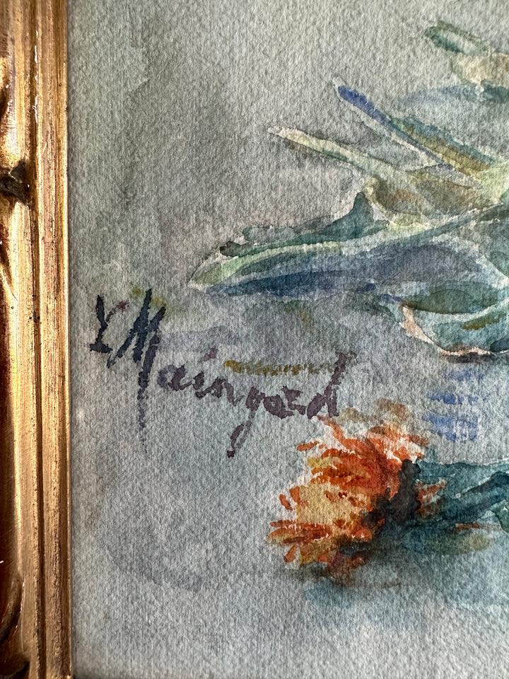 Aquarelle bouquet de fleurs sur l'eau signée cadre en bois doré