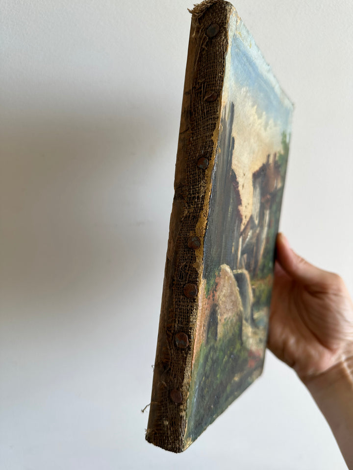 Peinture sur toile hameau et pont signé 19 ème