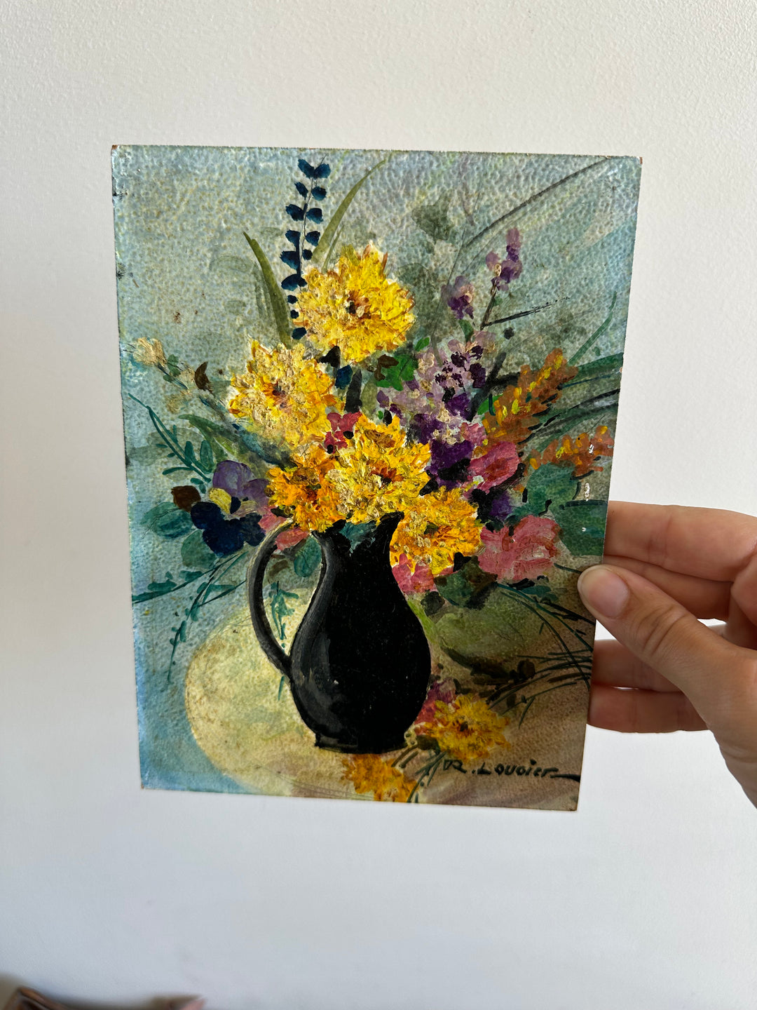 Peinture bouquet de fleurs signée sur carton années 70