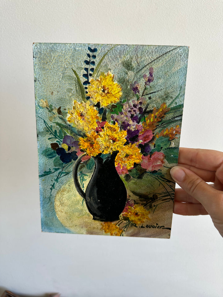 Peinture bouquet de fleurs signée sur carton années 70
