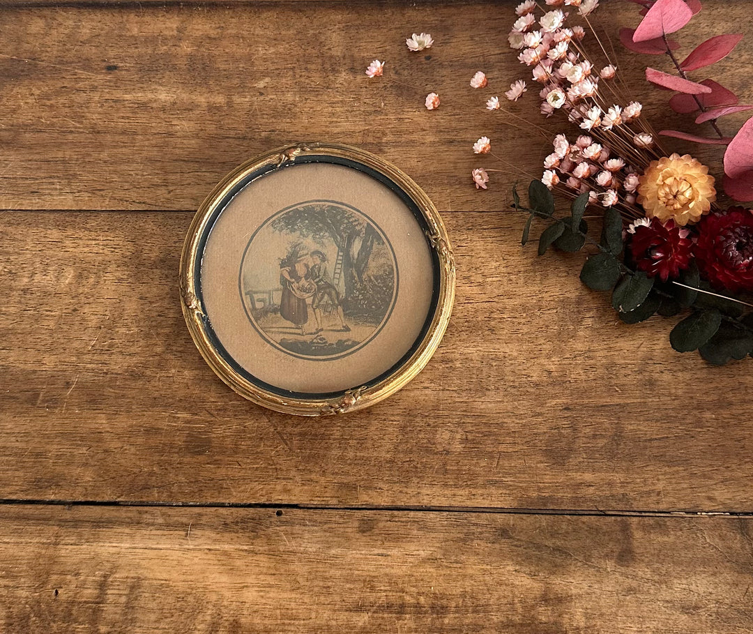 Gravure d'époque ronde cadre en bois napoléon III