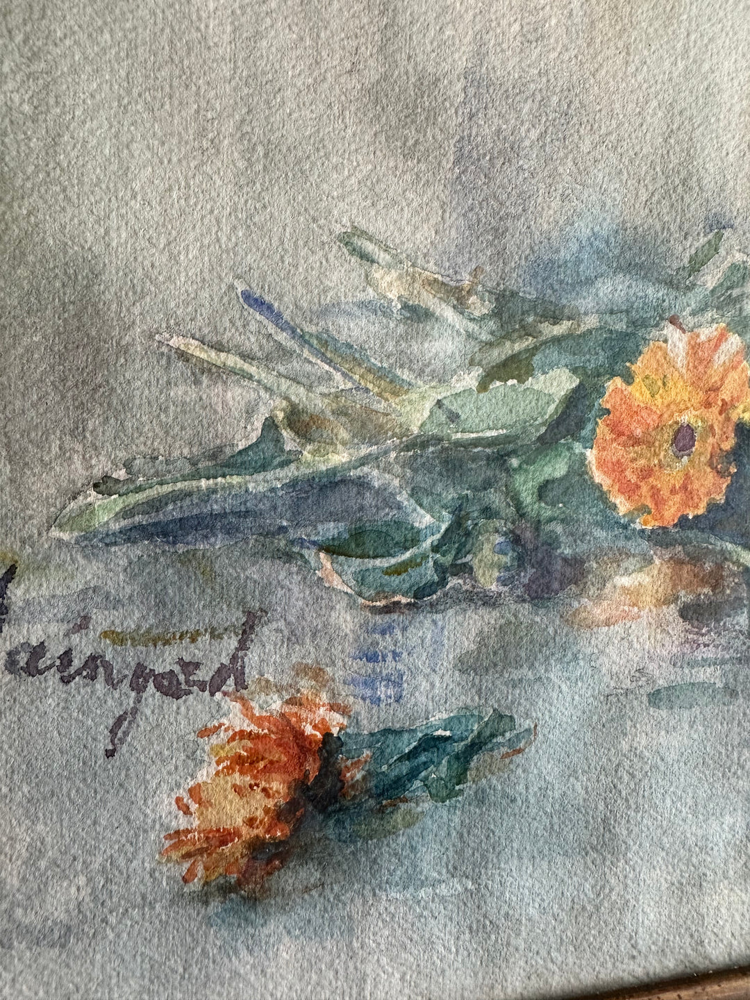 Aquarelle bouquet de fleurs sur l'eau signée cadre en bois doré