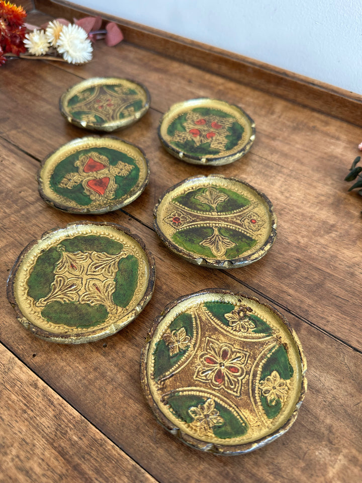 Sous verre en bois florentin or et vert x 6