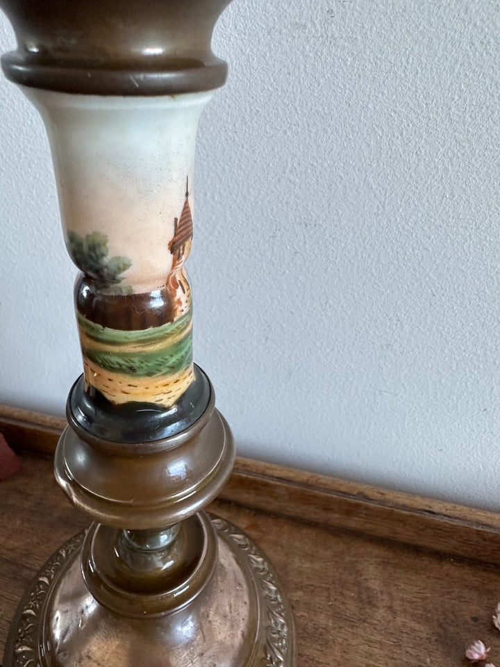 Bougeoir en cuivre et porcelaine peinte à la main 19ème