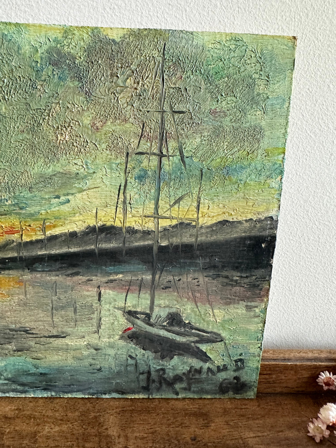 Peinture marine phare et coucher de soleil signée