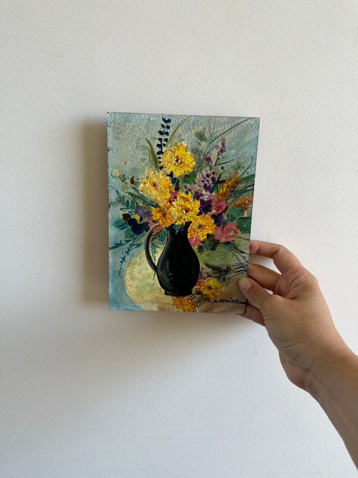 Peinture bouquet de fleurs signée sur carton années 70