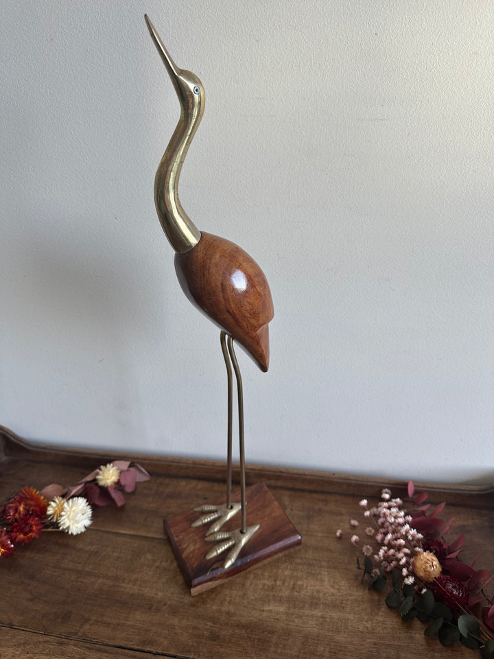 Héron en bois pied en laiton sur socle rectangulaire