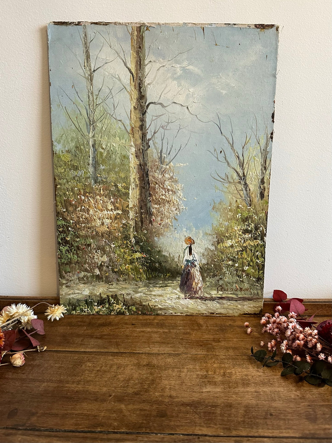 Peinture sur bois signée - balade dans la forêt