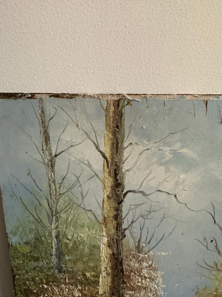 Peinture sur bois signée - balade dans la forêt