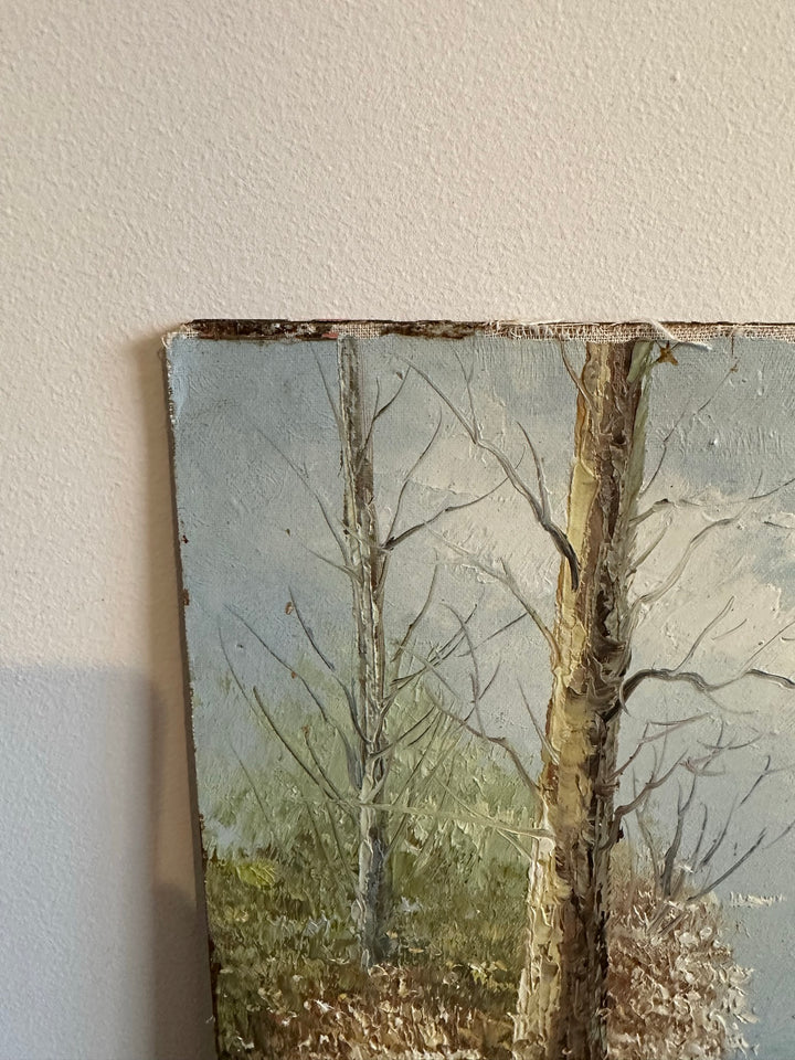 Peinture sur bois signée - balade dans la forêt
