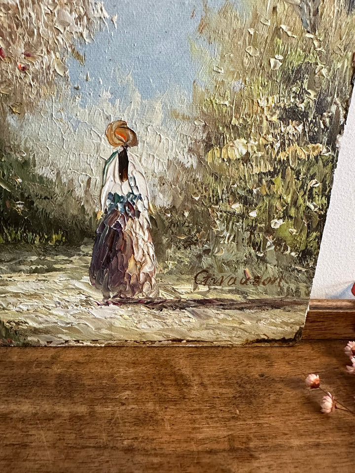 Peinture sur bois signée - balade dans la forêt