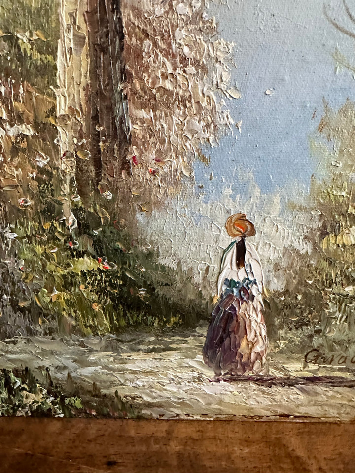 Peinture sur bois signée - balade dans la forêt