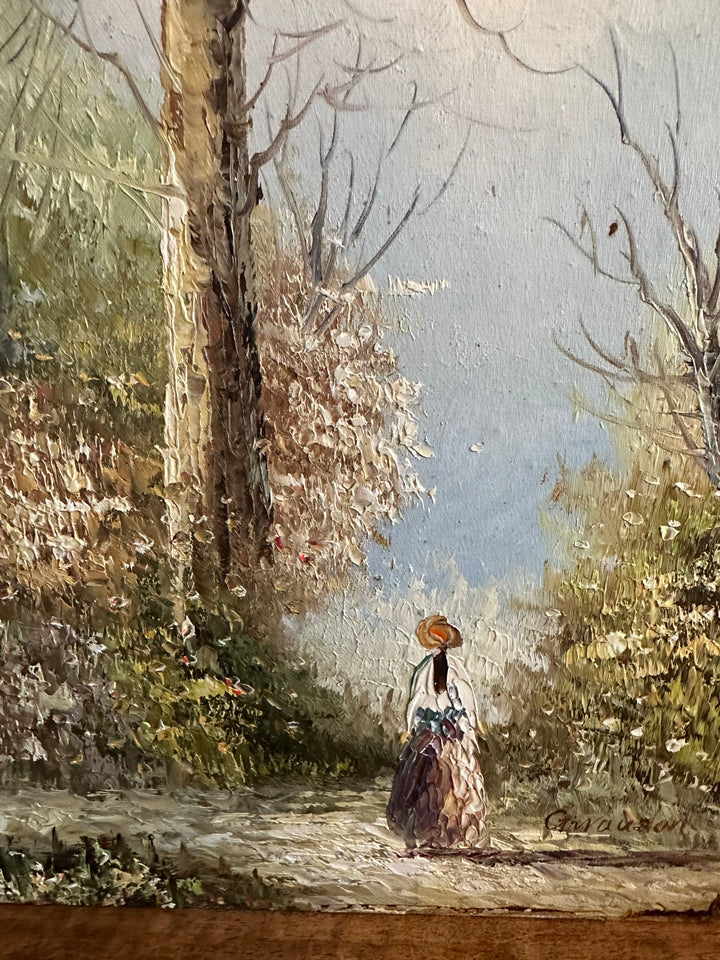 Peinture sur bois signée - balade dans la forêt