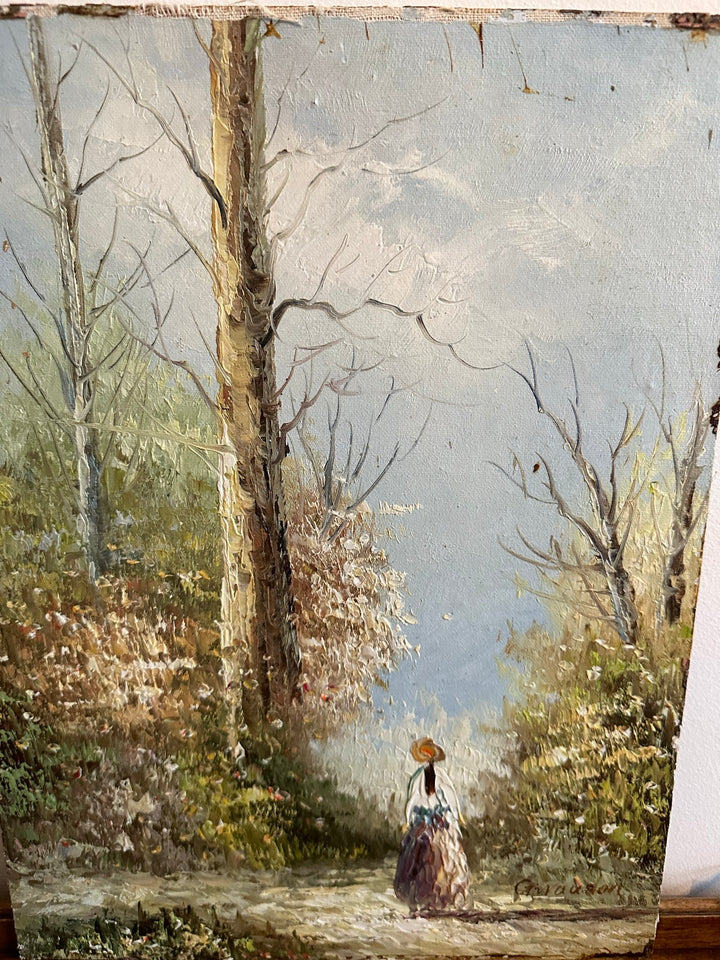 Peinture sur bois signée - balade dans la forêt