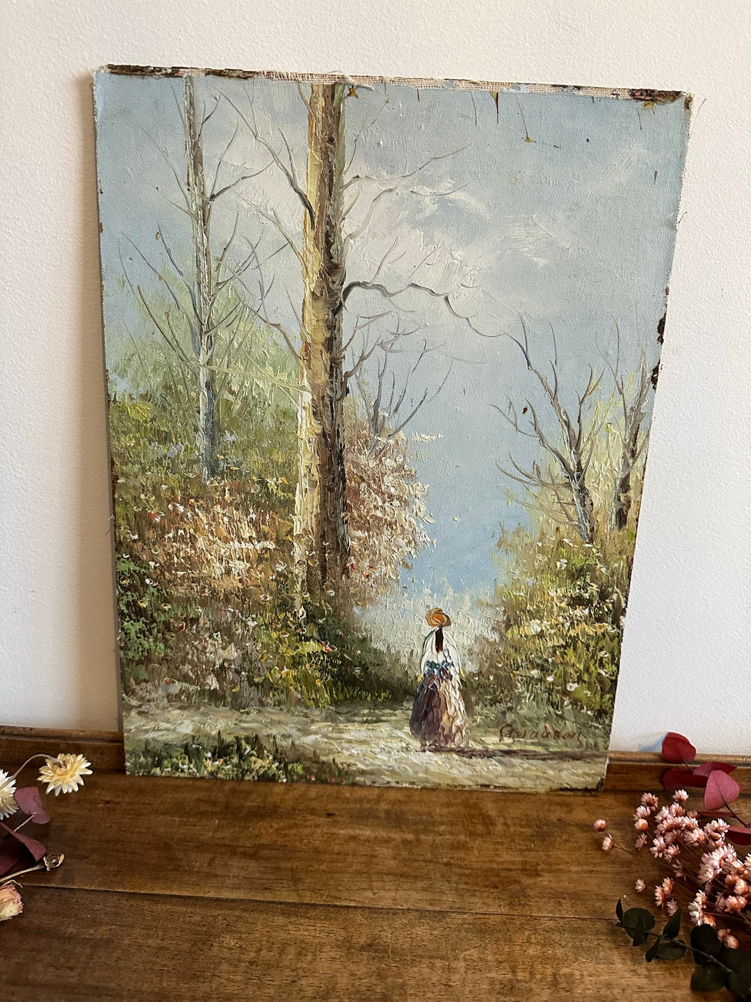 Peinture sur bois signée - balade dans la forêt