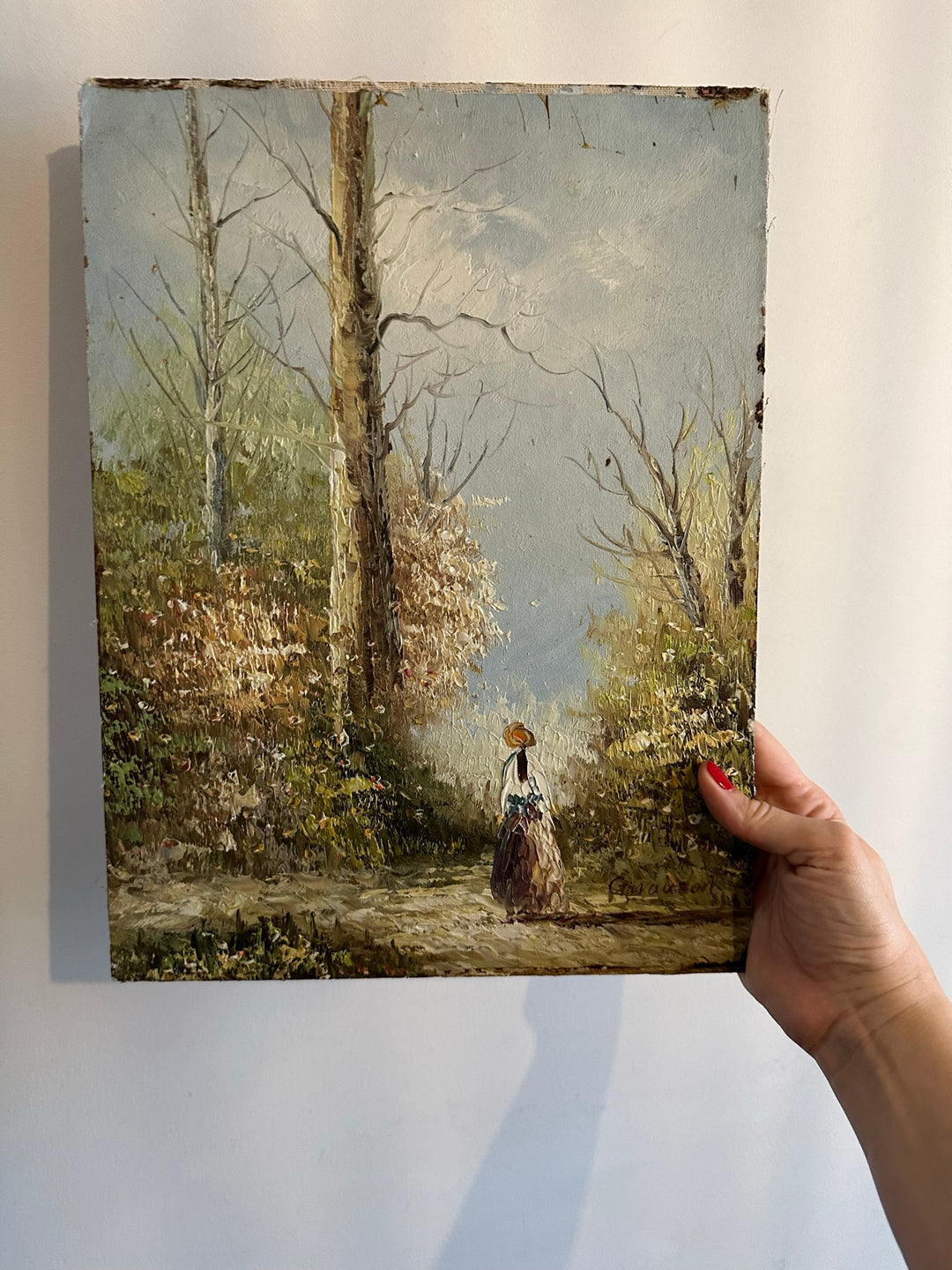 Peinture sur bois signée - balade dans la forêt