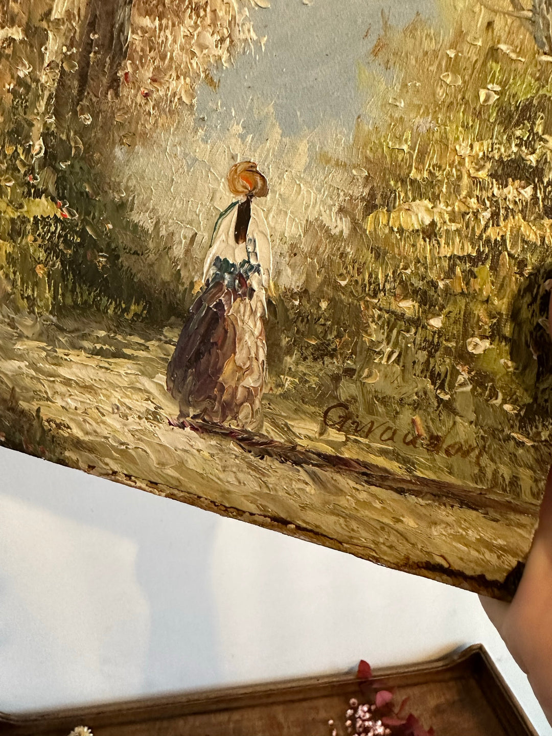 Peinture sur bois signée - balade dans la forêt