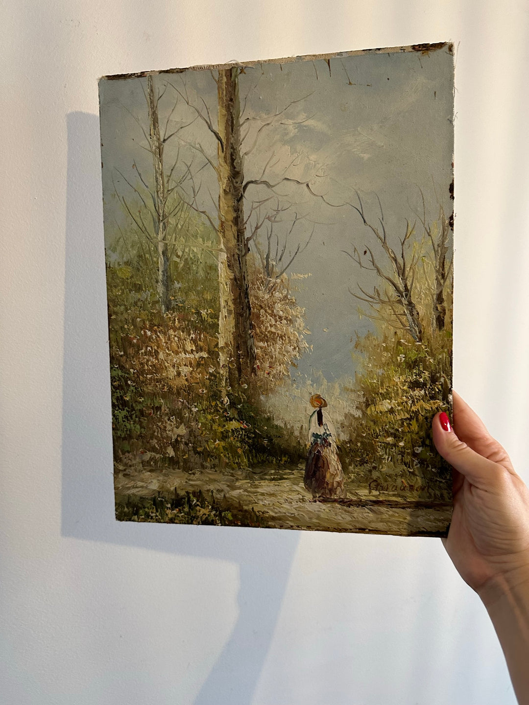 Peinture sur bois signée - balade dans la forêt