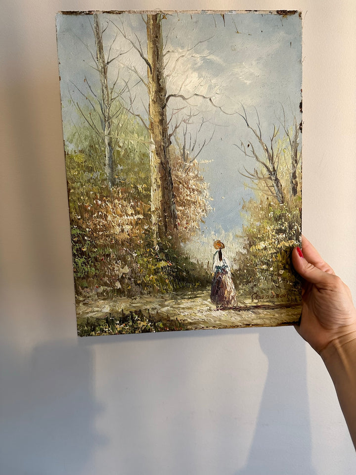 Peinture sur bois signée - balade dans la forêt