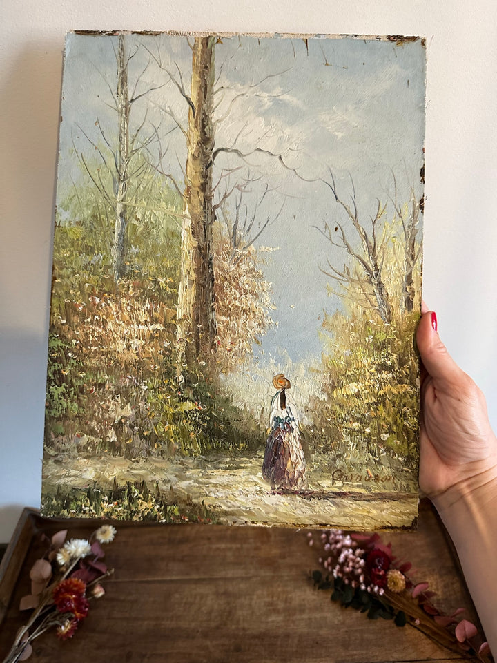 Peinture sur bois signée - balade dans la forêt