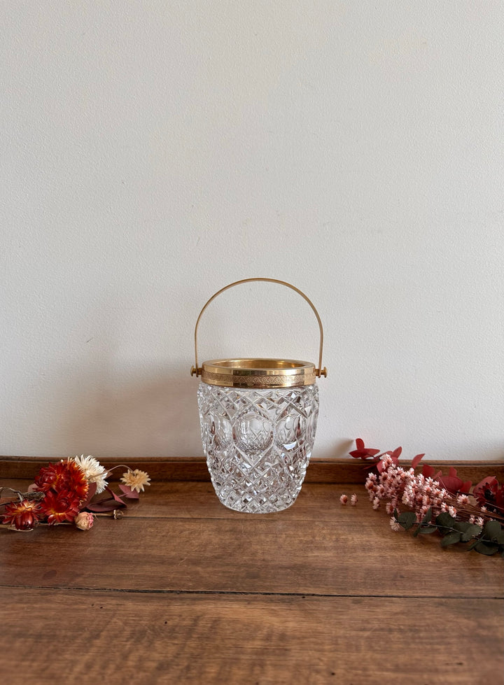 Pot à glaçons en verre ciselé et armature dorée