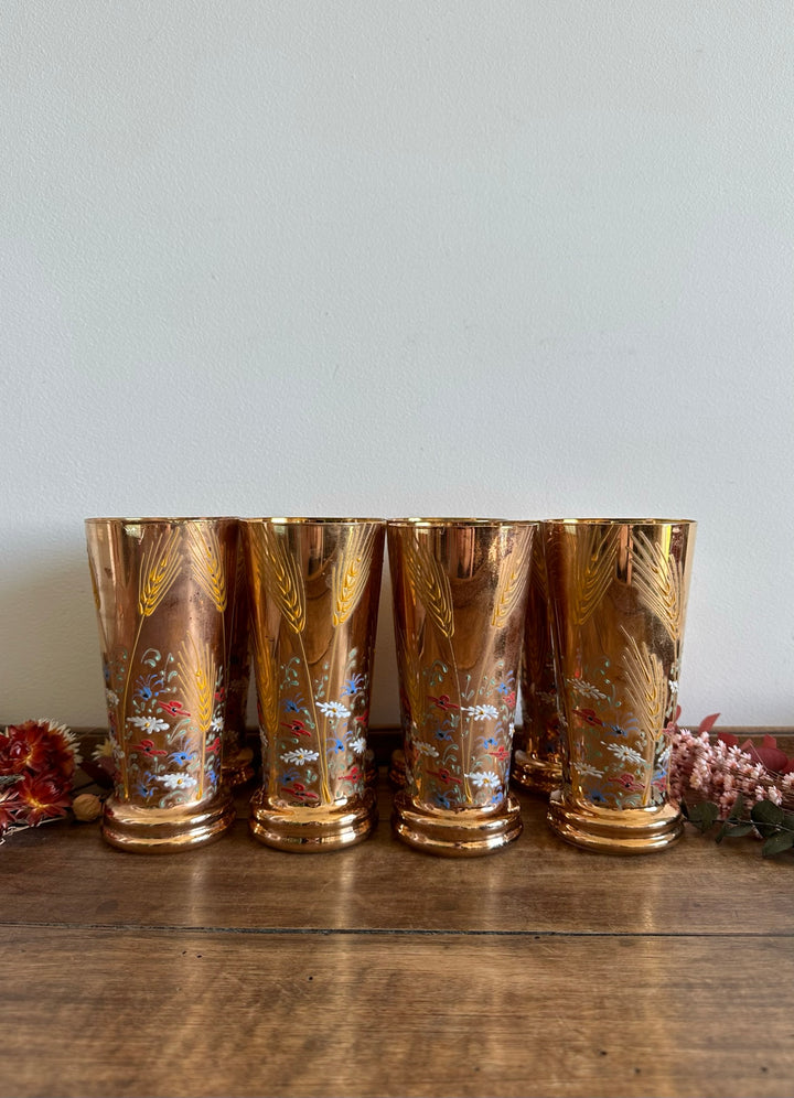 Service verres à eau recouvert de feuille d'or, motifs fleurs peints à la main