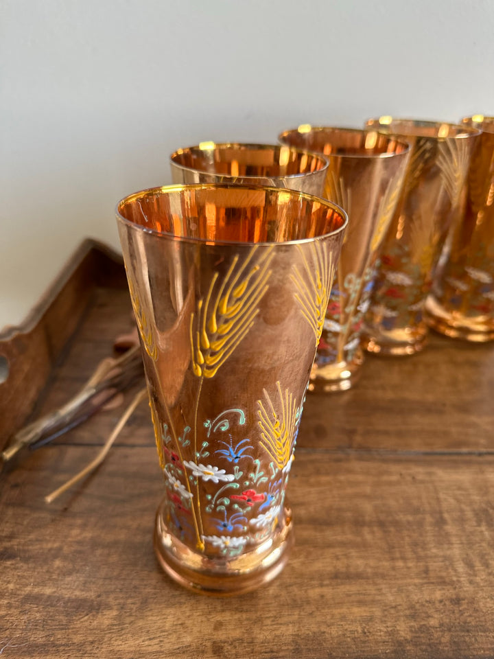 Service verres à eau recouvert de feuille d'or, motifs fleurs peints à la main