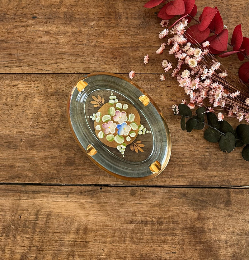 Cendrier en verre ovale fleurs sculptées style murano