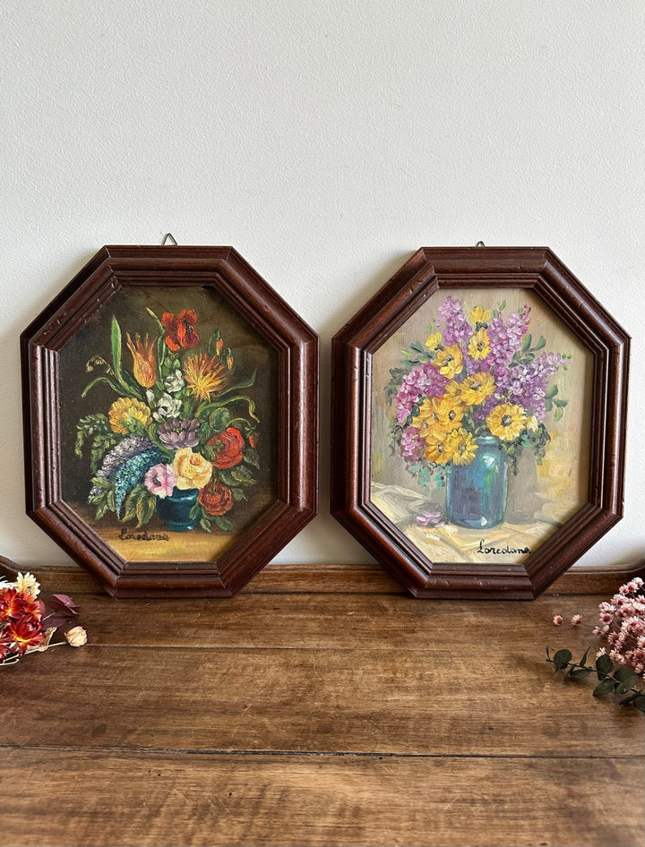 Peintures florales cadre en bois hexagonal