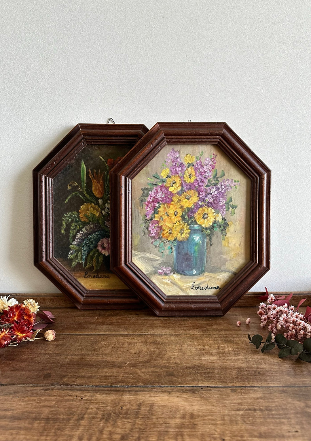 Peintures florales cadre en bois hexagonal
