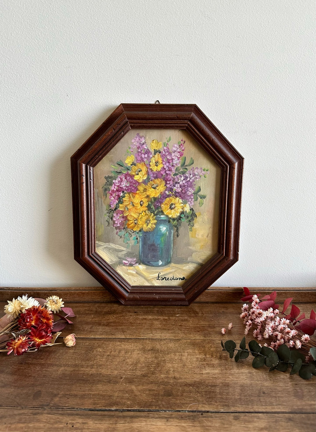 Peintures florales cadre en bois hexagonal