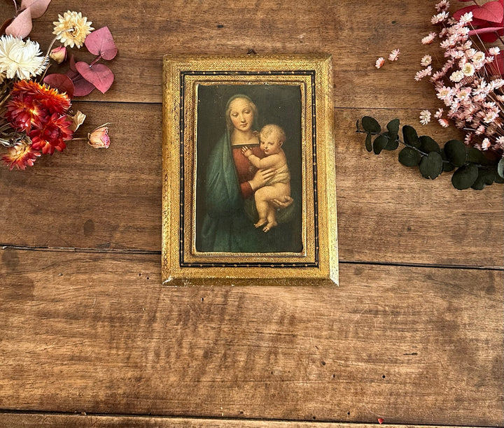 Icône religieuse de la vierge et l'enfant encadrement doré