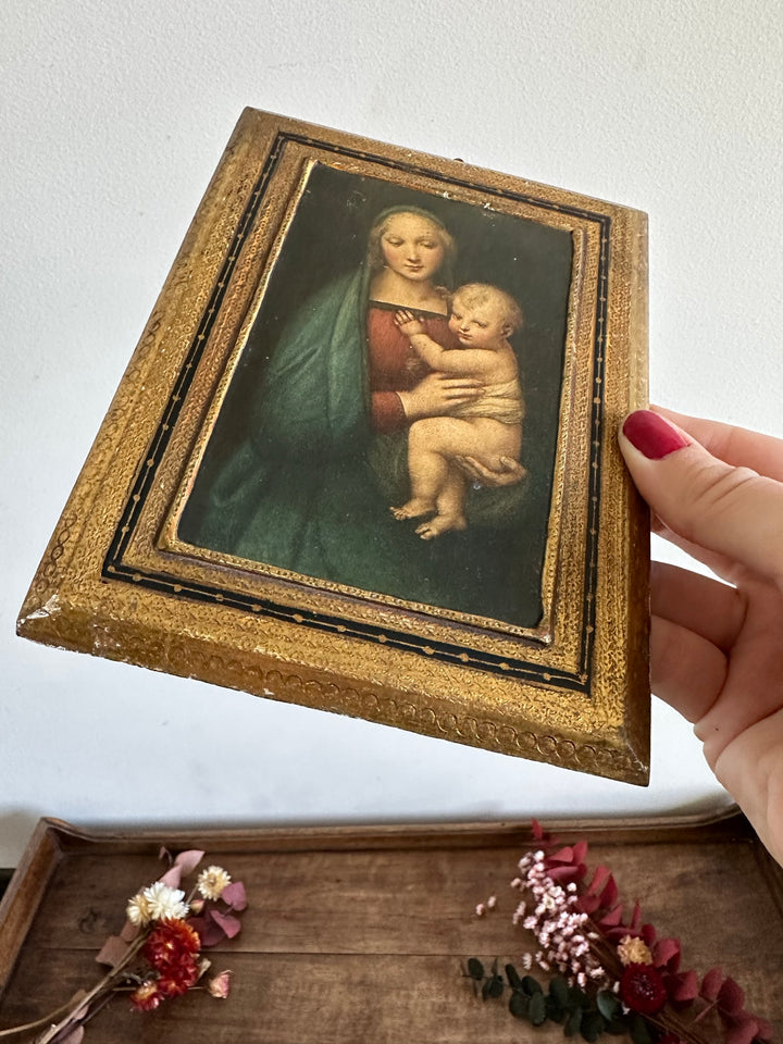 Icône religieuse de la vierge et l'enfant encadrement doré