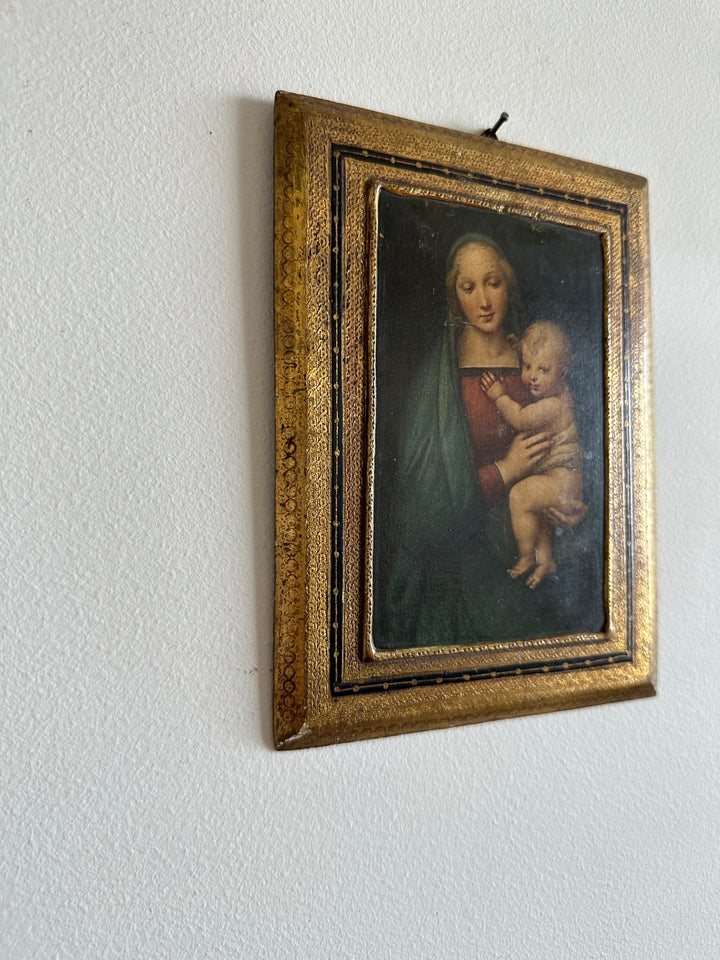 Icône religieuse de la vierge et l'enfant encadrement doré