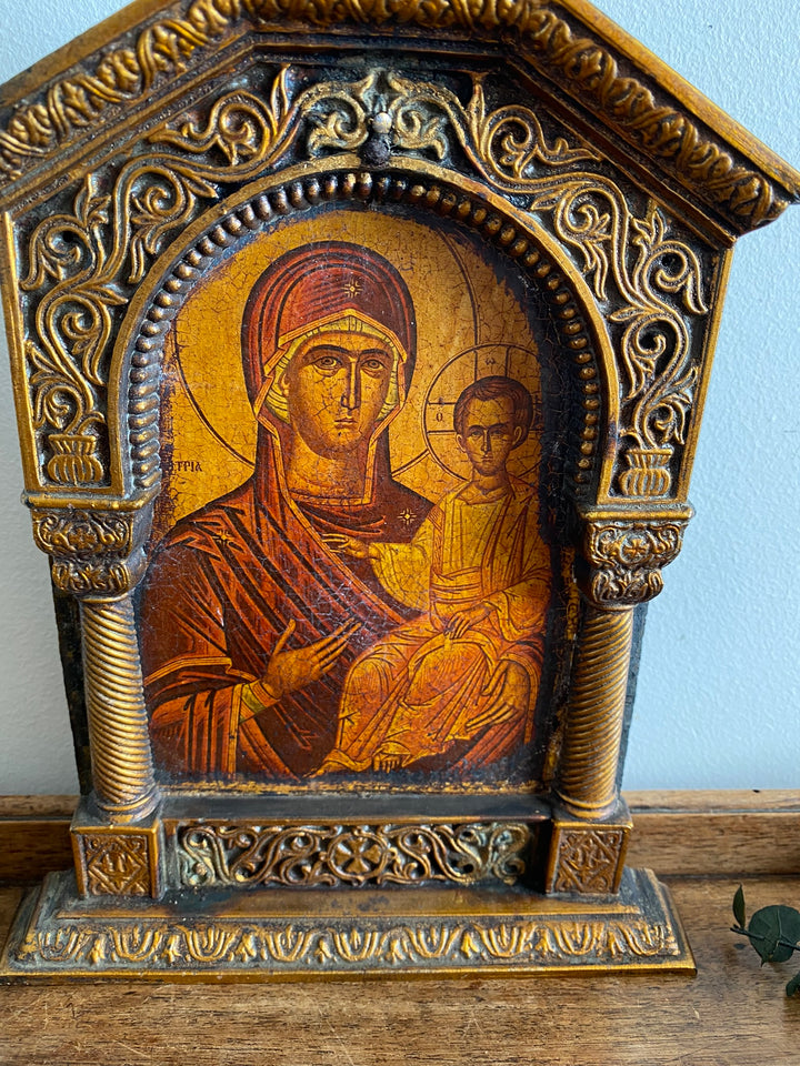 Représentation religieuse orthodoxe cadre sculpté piliers torsadés