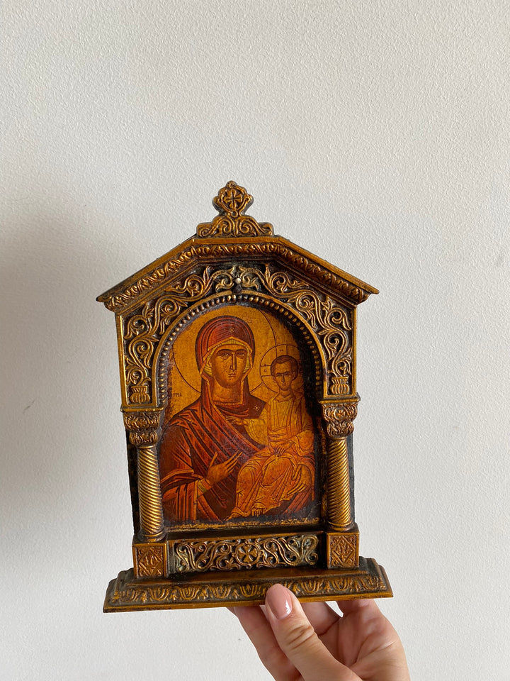 Représentation religieuse orthodoxe cadre sculpté piliers torsadés